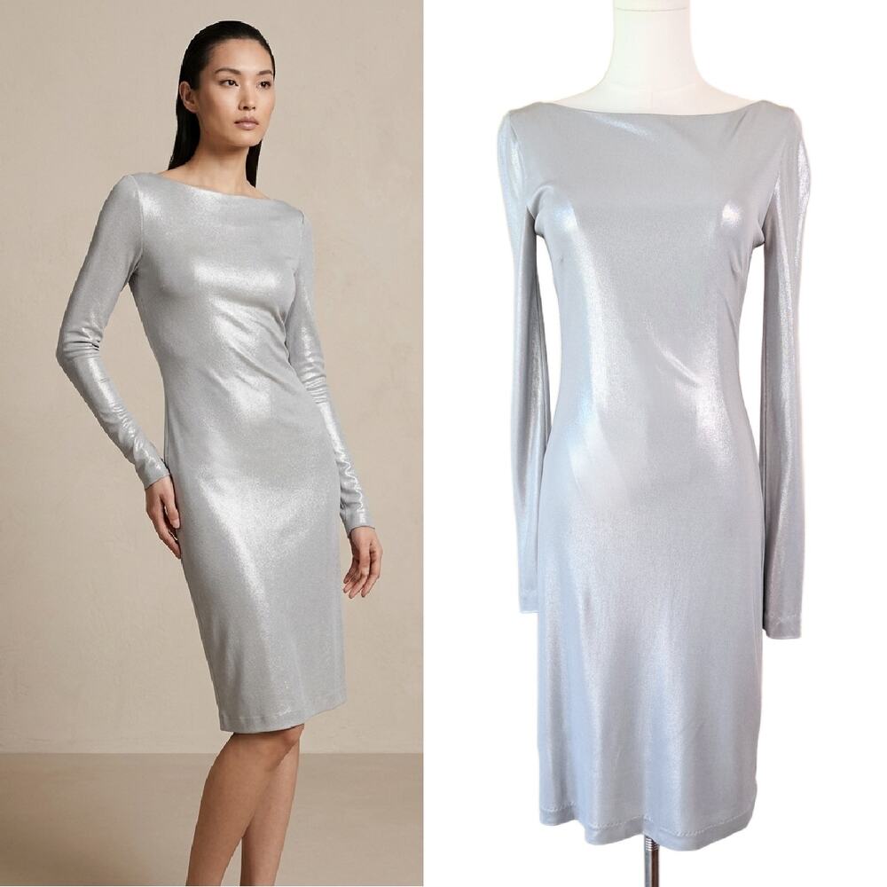 Ralph Lauren Black Label Metallic Silver Sheath Dress 4 Long Sleeve Evening